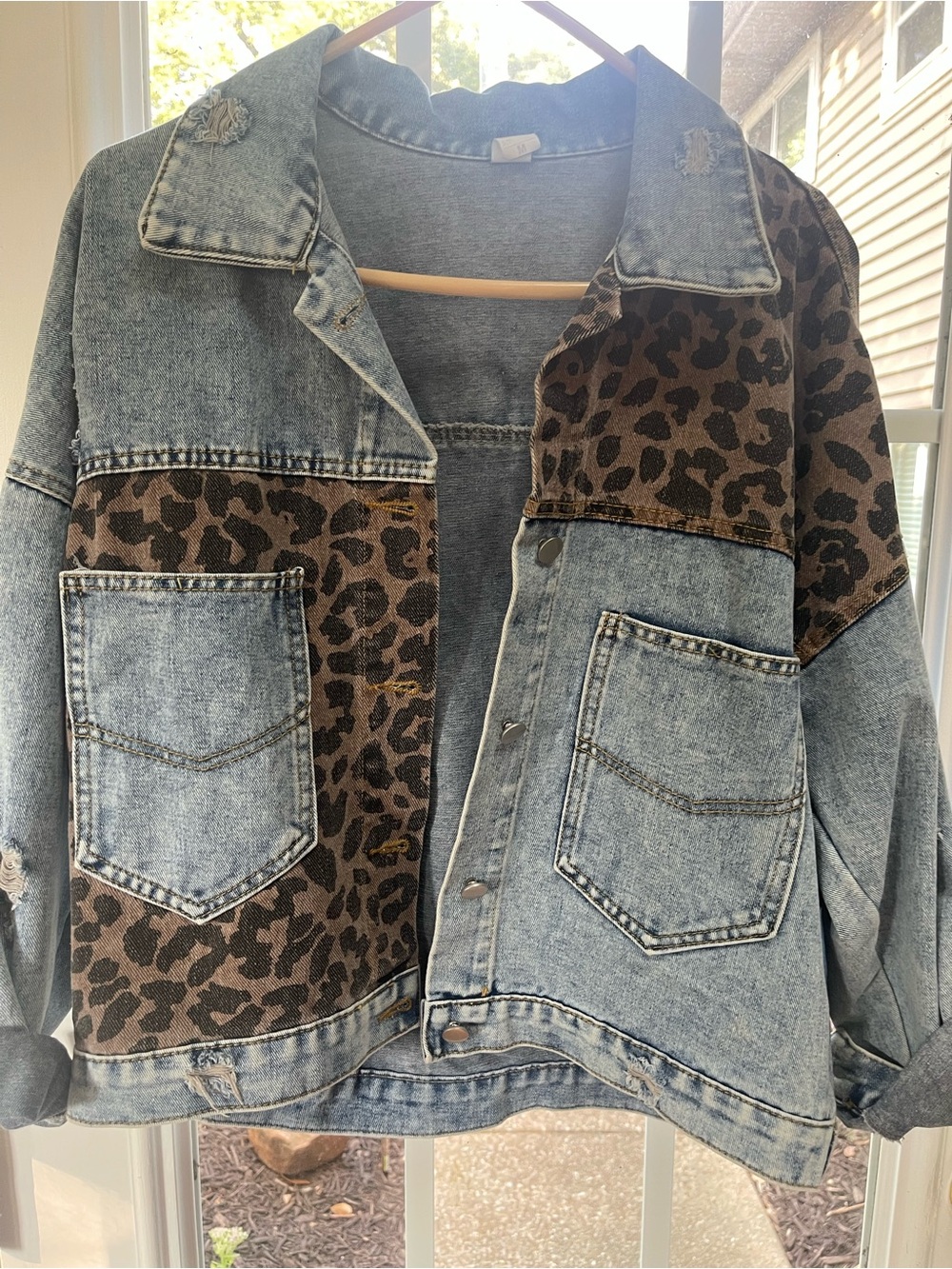 Leopard Panel Denim Jacket - Blue/Brown
